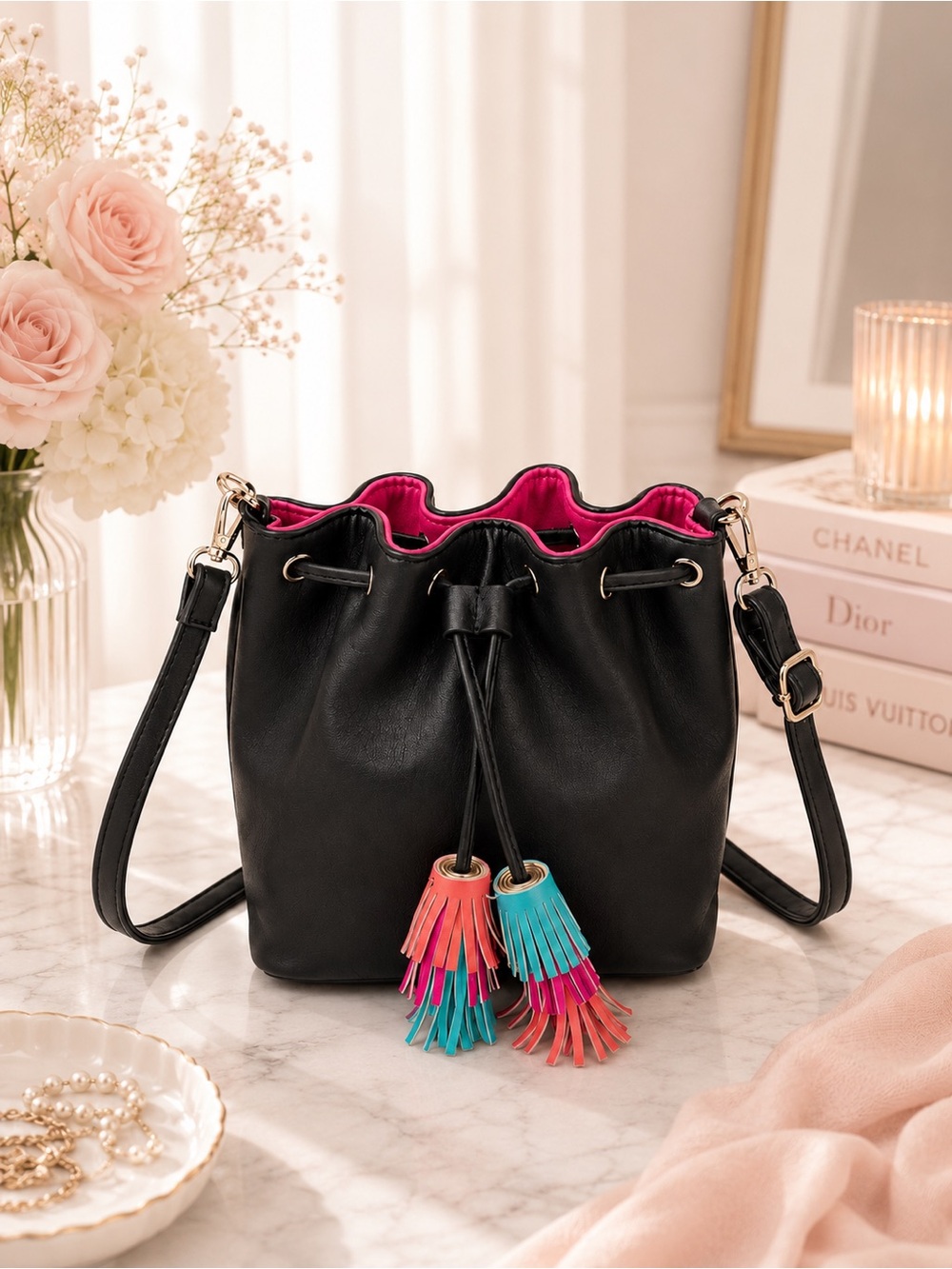 CANDIE'S Bucket Bag Black Pink Crossbody Tassel Drawstring Purse